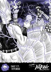 1girl boots breasts cleavage cleavage_cutout clothing_cutout curvy electricity evan_harrey female_focus highres huge_breasts jacket large_breasts long_hair long_sleeves nikaidou_benimaru orochi_shermie outdoors ponytail shermie_(kof) standing storm the_king_of_fighters thunder twintails wide_hips