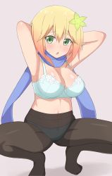 Rule 34 | 1girl, armpits, arms up, blonde hair, blush, bra, breasts, cleavage, flower, flower on head, gabriel dropout, green eyes, hair ornament, highres, long hair, looking at viewer, nyaroon, panties, pantyhose, solo, squatting, sweatdrop, tapris chisaki sugarbell, underwear