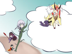 cape chibi cloud crying crying_with_eyes_open dagger fate/apocrypha fate/grand_order fate/zero fate_(series) hikarikung horns ibaraki_douji_(fate) jack_and_the_beanstalk jack_the_ripper_(fate/apocrypha) knife name_connection polearm scar scathach_(fate) spear tears tree watering_can waver_velvet waver_velvet_(zhuge_liang) weapon