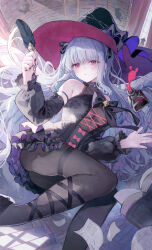1girl arl bare_shoulders black_dress black_nails black_pantyhose black_shoes bodystocking breasts closed_mouth detached_sleeves dress floating_hair grey_hair hat highres long_hair long_sleeves looking_at_viewer original pantyhose red_eyes shoes solo very_long_hair witch witch_hat