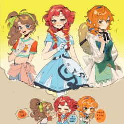 ._yao_yizhi_fa_._hao_ma 3girls :d alternate_hairstyle bandaged_arm bandages barcarola_(reverse:1999) blue_eyes blue_pants blue_shirt blue_skirt blue_vest braid brown_background brown_hair brown_hat chibi chibi_inset chinese_text clothes_around_waist cowboy_shot double_bun gloves green_hairband grin hair_bun hairband hairstyle_switch hand_mirror hand_up hat hat_on_back highres holding holding_mirror holding_own_hair long_braid long_hair looking_at_mirror looking_at_viewer lopera_(reverse:1999) low_twin_braids midriff mirror multiple_girls open_mouth orange_eyes orange_hair pants red_hair reverse:1999 sailor_collar shirt short_sleeves side_ponytail skirt sleeveless sleeveless_shirt smile spathodea_(reverse:1999) speech_bubble straw_hat t-shirt thumbs_up translation_request twin_braids two-tone_background vest white_gloves white_shirt white_skirt yellow_background
