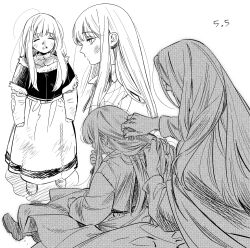 2girls aged_down blunt_bangs blush boots brushing_hair closed_eyes closed_mouth dress dungeon_meshi falin_touden fur-trimmed_jacket fur_trim greyscale half-closed_eyes jacket long_hair messy_hair monochrome mother_and_daughter mrs._touden multiple_girls open_mouth shirt sitting snot wawa_(wawawa0080) white_background