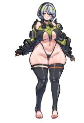 1girl absurdres anby_demara bare_shoulders black_choker black_gloves black_jacket black_panties black_thighhighs braid breasts choker closed_mouth collarbone crop_top crop_top_overhang detached_sleeves fingerless_gloves full_body gloves green_jacket grey_hair headphones highleg highleg_panties highres jacket large_breasts long_sleeves looking_to_the_side mold_(pixiv6616319) multicolored_jacket navel orange_eyes panties revealing_clothes short_hair side_braid simple_background skindentation solo standing thick_thighs thigh_strap thighhighs thighs toeless_legwear two-tone_jacket underwear white_background zenless_zone_zero