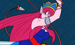 Rule 34 | 1girl, aqua background, arm up, armlet, blue eyes, blue leotard, breasts, chankop, cleavage, colored skin, commentary request, covering own mouth, demon girl, dragon ball, dragon ball (classic), floating hair, holding, holding weapon, jewelry, large breasts, leotard, long hair, looking at viewer, melee (dragon ball), one eye covered, pink hair, pink skin, pointy ears, red sash, sash, silver armlet, solo, strapless, strapless leotard, sword, tiara, weapon, weapon request