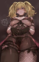 1girl absurdres ani_(xai) asymmetrical_legwear black_bra black_gloves black_panties black_thighhighs blonde_hair blue_eyes blush bra breasts closed_mouth cowboy_shot fertilization fishnet_thighhighs fishnets gloves groin heart highres impregnation large_breasts lingerie looking_at_viewer ovum panties see-through_clothes siropan_honjikomi solo sperm_cell thighhighs twintails twitter underwear xai_(company)