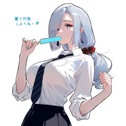 Rule 34 | 1girl, absurdres, blue eyes, blue nails, breasts, collared shirt, cowboy shot, dress shirt, food, food in mouth, genshin impact, hair ornament, hair over one eye, hair scrunchie, highres, holding, holding food, holding popsicle, large breasts, long hair, looking at viewer, nail polish, necktie, popsicle, popsicle in mouth, scrunchie, shenhe (genshin impact), shirt, skirt, sleeves rolled up, solo, white background, white hair, white shirt, yumeto (ym-1)