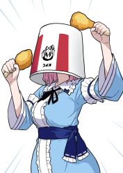 1girl absurdres black_ribbon blue_kimono blue_sash bucket bucket_on_head center_frills chicken_(food) chicken_leg commentary_request covered_face emphasis_lines food frilled_shirt_collar frills highres holding holding_food japanese_clothes kfc kimono long_sleeves neck_ribbon object_on_head pink_hair ribbon ribbon-trimmed_collar ribbon_trim saigyouji_yuyuko sash short_hair sleeve_garter snackdang solo standing touhou upper_body white_background