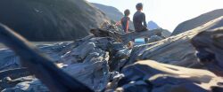 Rule 34 | 2boys, black hair, brown hair, chenalii, day, highres, log, morning, mountain, multiple boys, original, outdoors, rock, scenery, sitting, sunlight