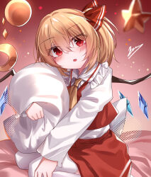 absurdres alternate_costume ascot blonde_hair blush crystal fang flandre_scarlet highres holding holding_pillow juliet_sleeves long_sleeves looking_at_viewer multicolored_wings no_headwear open_mouth pantyhose pillow puffy_sleeves red_eyes red_skirt shirt side_ponytail skin_fang skirt top-exerou touhou white_pantyhose white_shirt wings yellow_ascot