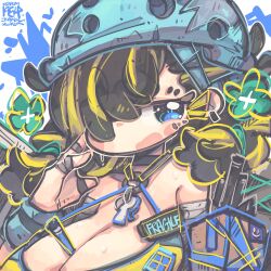 Rule 34 | 1girl, absurdres, bandaged arm, bandages, bandaid on fchibi, between breasts, black hair, blonde hair, blue eyes, blue shirt, braid, breasts, cleavage, crop top, fragile (nikke), goddess of victory: nikke, hair over one eye, helmet, highres, huge breasts, jrpencil, key, large breasts, long hair, multicolored hair, shirt, solo, twin braids, two-tone hair, yellow shirt