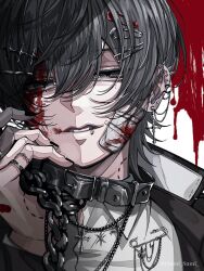 Rule 34 | 1boy, arm up, artist name, bandaid, bandaid on cheek, bandaid on face, bite mark, bite mark on hand, bite mark on neck, black choker, black collar, black eyes, black hair, black jacket, black nails, black sleeves, blood, blood on face, bloody bandaid, chain, choker, collar, commentary, cross, cross earrings, ear piercing, earrings, english text, eyebrows hidden by hair, face piercing, hair between eyes, hair ornament, hairpin, holding, holding chain, isumisumi, jacket, jewelry, lip piercing, long bangs, long sleeves, medium hair, original, parted lips, piercing, portrait, red background, ring, shirt, short hair, signature, silver ring, silver trim, solo, symbol-only commentary, two-tone background, white background, white shirt, white sleeves