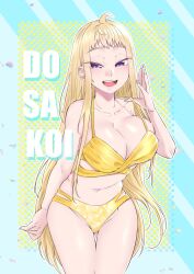 1girl bikini blonde_hair blue_background breasts cleavage collarbone commentary_request confetti copyright_name cowboy_shot dosanko_gal_wa_namaramenkoi fuyuki_minami gluteal_fold highres ikada_kai large_breasts leaning_forward long_hair looking_at_viewer navel open_mouth outside_border purple_eyes smile solo standing strap_lift swimsuit teeth two-tone_background upper_teeth_only yellow_background yellow_bikini