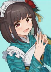 1girl absurdres apron aqua_background blue_kimono blush brown_eyes colored_inner_hair commentary flower frilled_apron frills hair_flower hair_ornament highres iroha_(rune_factory) japanese_clothes kimono looking_at_viewer maid maid_headdress multicolored_hair open_mouth red_flower rune_factory rune_factory:_guardians_of_azuma short_hair signature simple_background solo steepled_fingers tasi_y upper_body wa_maid white_apron wide_sleeves