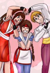 3girls arms_up blue_eyes braid braided_ponytail breasts brown_eyes brown_hair closed_eyes dougi dress female_focus formal_clothes gloves hair_ornament hairband heart japanese_clothes karate_gi king_(snk) large_breasts leggings long_hair looking_at_viewer multiple_girls open_mouth oyabunart pale_skin pants ponytail shiranui_mai shirt short_hair skirt smile smiley_face standing suit the_king_of_fighters tuxedo white_shirt yoga_pants yuri_sakazaki