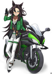 1girl absurdres animal_ear_piercing animal_ears belt black_gloves black_hair bolo_tie collarbone color_neko_(user_yfvc3323) commentary_request eyes_visible_through_hair full_body gloves gold_trim green_eyes green_jacket highres horse_ears horse_girl horse_tail jacket jewelry long_hair looking_at_viewer midriff_peek motor_vehicle motorcycle navel o-ring o-ring_belt open_clothes open_jacket pants ring shoes sidelocks simple_background single_hair_intake smile solo sparkle speed_symboli_(umamusume) tail umamusume very_long_hair white_background white_pants white_shoes