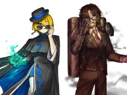 1boy 1girl beard_stubble black_coat black_dress black_hat blonde_hair breasts brown_eyes brown_hair brown_suit china_dress chinese_clothes cigarette cinq_association_east_uniform coat coat_on_shoulders collared_shirt don_quixote_(project_moon) dress earrings facial_hair fire firefist_office_(identity)_(project_moon) formal_clothes gas_can glasses green_fire gregor_(project_moon) hat highres jade_bracelet jewelry limbus_company long_hair looking_at_viewer low_ponytail necktie nra_3614 ofuda_earrings pinstripe_jacket pinstripe_pattern ponytail project_moon prosthesis prosthetic_arm red_necktie round_eyewear shirt short_hair simple_background single_earring smoke standing stubble suit sunglasses tilted_headwear upper_body white_background white_shirt yellow_eyes