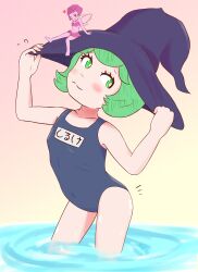 2girls absurdres arched_back bare_shoulders berserk blue_one-piece_swimsuit blush breasts character_name closed_mouth collarbone colored_skin cowboy_shot embarrassed evarella_(berserk) eyelashes fairy fairy_wings female_focus gradient_background green_eyes green_hair hands_up hat highres japanese_text loli looking_afar looking_at_viewer looking_back matching_hair/eyes multiple_girls nyayoko one-piece_swimsuit pink_background pink_skin pink_skirt pink_tube_top purple_hat schierke_(berserk) short_hair simple_background skirt small_breasts standing strapless swimsuit tube_top two-tone_background water wings yellow_background