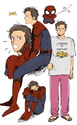 1boy animal_print animification blue_bodysuit bodysuit brown_eyes brown_footwear brown_hair cellphone clenched_hand closed_mouth clothes_writing crying crying_with_eyes_open dam_(okdam3) full_body half-closed_eyes hand_up highres holding holding_phone looking_afar looking_at_viewer marvel marvel_cinematic_universe multiple_views notice_lines pants peter_parker phone pink_pants red_bodysuit shirt short_hair short_sleeves silk simple_background sitting slippers smartphone spider-man spider-man:_homecoming spider-man_(series) spider_print spider_web spider_web_print standing superhero_costume t-shirt talking_on_phone tears teeth two-tone_bodysuit upper_body web_shooter white_background white_shirt