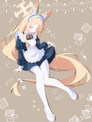 1girl animal_ears apron black_dress blonde_hair blue_archive blush bow closed_mouth double-parted_bangs dress forehead fox_ears fox_girl fox_tail hairband highres long_hair looking_at_viewer maid maid_apron maid_headdress pantyhose pink_eyes sasanoha_(sasanoha0712) seia_(blue_archive) shoes sidelocks smile solo tail tail_bow tail_ornament white_apron white_bow white_hairband white_pantyhose white_shoes yellow_bow