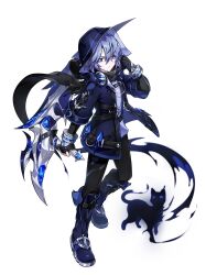 absurdres artist_request asymmetrical_gloves belt black_belt black_cat black_gloves black_jacket black_pants black_scarf blue_boots blue_eyes blue_hair boots bracelet cat chest_belt closed_mouth darkness elsword expressionless fingerless_gloves gloves hair_between_eyes hand_on_headwear headphones headphones_around_neck highres holding holding_scythe hood hood_up hooded_jacket jacket jewelry knee_boots looking_at_viewer mismatched_gloves multiple_belts noah_ebalon official_alternate_costume official_art pants purple_pupils purple_shirt scarf scythe second-party_source shirt short_hair short_sleeves single_fingerless_glove transparent_background two-sided_hood white_headphones