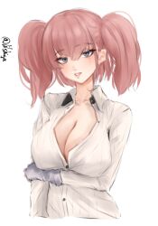 1girl atlanta_(kancolle) breasts brown_hair cleavage collared_shirt commentary dated dress_shirt gloves grey_eyes highres kantai_collection large_breasts lilshigu long_hair long_sleeves one-hour_drawing_challenge open_clothes shirt simple_background solo twitter_username two_side_up upper_body white_background white_gloves white_shirt