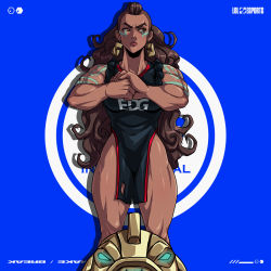 1girl brown_hair dark-skinned_female dark_skin female_focus gold green_eyes highres illaoi kyoffie league_of_legends long_hair mature_female muscular muscular_female punching soccer solo sportswear tattoo tentacles tribal weapon