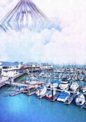 Rule 34 | ambiguous gender, boat, building, cloud, cloudy sky, commentary, dock, highres, house, kobe5, ocean, original, pier, real world location, san francisco, scenery, science fiction, sky, spacecraft, ufo, united states, very wide shot, water, watercraft