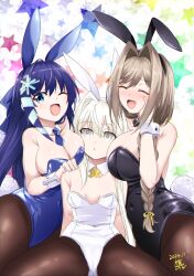 Rule 34 | 3girls, ;d, animal ears, animal hands, aono haruka, areola slip, black leotard, blonde hair, blue eyes, blue hair, blue leotard, blue necktie, blush, breasts, brown hair, character request, cleavage, detached collar, fake animal ears, fake tail, grey eyes, hair intakes, hand on own cheek, hand on own face, highres, himinglaeva albion, large breasts, leotard, mole, mole under eye, multiple girls, necktie, one eye closed, open mouth, playboy bunny, rabbit ears, rabbit tail, smile, strapless, strapless leotard, tail, tongue, tutorial ga hajimaru mae ni, white leotard, white wrist cuffs, wrist cuffs, yokoyama kouji