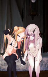 2girls abigail_williams_(fate) arm_up armpits bare_shoulders bikini black_bikini black_gloves black_thighhighs blonde_hair blue_eyes blush breasts choker elbow_gloves fate/grand_order fate_(series) forehead gloves highres holding_hands horns lavinia_whateley_(fate) licking_lips long_hair multiple_girls navel one-piece_swimsuit pale_skin parted_bangs purple_eyes sidelocks single_horn sitting small_breasts smile sui_yamami swimsuit thighhighs tongue tongue_out white_gloves white_hair white_one-piece_swimsuit white_thighhighs