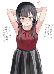 Rule 34 | 1girl, absurdres, aqua eyes, armpits, arms behind head, arms up, beniyomogi, black ribbon, black skirt, blush, collarbone, commentary request, cowboy shot, film grain, highres, long hair, looking at viewer, low twintails, open mouth, original, presenting armpit, red shirt, ribbon, shirt, shirt ribbon, simple background, skirt, sleeveless, sleeveless shirt, solo, standing, straight-on, sweat, translation request, twintails, wavy mouth, white background