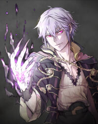 1boy black_robe commentary_request eyes_of_grima fire_emblem fire_emblem_awakening grima_(fire_emblem) hair_between_eyes highres hooded_robe long_sleeves male_focus male_robin_(fire_emblem) nintendo open_clothes open_robe pink_eyes robe shirt short_hair smile solo t_misaomaru white_hair white_shirt