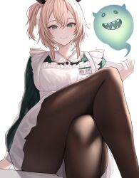 Rule 34 | 1girl, animal ears, apron, blush, brown hair, brown pantyhose, clipboard, closed mouth, commentary, crossed legs, dress, green dress, green eyes, hair between eyes, hair ribbon, highres, holding, holding clipboard, id card, indie virtual youtuber, looking at viewer, medium hair, nimi nightmare, one side up, pantyhose, ribbon, si farid, simple background, smile, solo, tapir ears, tapir girl, thighs, virtual youtuber, white apron, white background, white ribbon