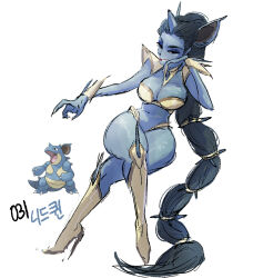 1girl absurdly_long_hair animal_ears black_hair blue_eyeshadow blue_skin boots braid breasts colored_skin crossed_legs eyelashes eyeshadow fingernails gen_1_pokemon high_heel_boots high_heels horns invisible_chair large_breasts lipstick long_hair makeup nidoqueen nintendo personification pokemon reference_inset revealing_clothes sharp_fingernails simple_background single_horn sitting tamtamdi translated very_long_hair white_background wide_hips
