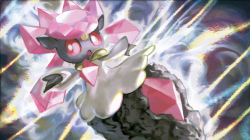 :o creature diancie floating full_body gen_6_pokemon kawaguchi_youhei legendary_pokemon looking_at_viewer mythical_pokemon nintendo no_humans official_art pink_eyes pokemon pokemon_(creature) pokemon_tcg smoke solo third-party_source