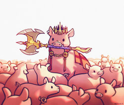 animal animal_focus animalization axe commentary cosplay crown dream_(youtuber) dream_(youtuber)_(cosplay) dream_smp english_commentary highres holding holding_axe looking_at_viewer mask minecraft_youtube mouth_hold neytirix no_humans painttool_sai_(medium) photoshop_(medium) pig simple_background solid_oval_eyes tail technoblade tusks white_background