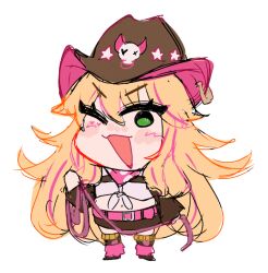 Rule 34 | 1girl, ;d, bandana, belt, blonde hair, brown footwear, brown shorts, chibi, commentary, cowboy hat, english commentary, facial mark, front-tie top, full body, green eyes, hat, heart, heart facial mark, holding lasso, lasso, long hair, lulu lasso, marysquid, multicolored hair, navel, nexas (vtuber), one eye closed, open mouth, pink bandana, pink belt, pink hair, second-party source, shirt, shorts, simple background, sketch, smile, solo, streaked hair, virtual youtuber, white background, white shirt