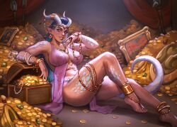 1girl akira_raikou barefoot breasts circlet dragon_girl dragon_horns dragon_tail dungeons_&amp;_dragons fantasy gold gold_anklet grey_horns grey_scales grey_tail harem_outfit highres horn_ornament horn_ring horns jewelry large_breasts legs looking_at_viewer monster_girl navel nipples painting_(object) pink_eyes pointy_ears scales see-through_clothes sitting solo tail treasure_chest