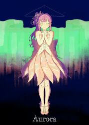1girl aurora aurora_flower_(love_live!) bare_shoulders butterfly_wings closed_eyes cross-laced_clothes cross-laced_top fake_wings full_body gradient_background green_background highres insect_wings interlocked_fingers link!_like!_love_live! long_hair love_live! medium_skirt name_connection neck_ribbon official_alternate_costume orange_ribbon orange_skirt otomune_kozue own_hands_clasped own_hands_together purple_hair ribbon shirt side_ponytail sidelocks skirt sleeveless sleeveless_shirt solo stew_youbi straight-on thighhighs triangle u_u virtual_youtuber white_shirt white_thighhighs wings