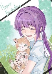 1girl :d ^_^ absurdres animal animalization aqua_neckerchief blue_dress blush cat cerise_bouquet closed_eyes commentary_request dated dress embarrassed hasu_no_sora_school_uniform highres hinoshita_kaho holding holding_animal holding_cat jin_(oihlf) link!_like!_love_live! love_live! low_ponytail neckerchief nose_blush official_alternate_hairstyle one_eye_closed open_mouth otomune_kozue outdoors ponytail puffy_short_sleeves puffy_sleeves raised_inner_eyebrows sailor_collar sailor_dress school_uniform short_sleeves smile solo summer_uniform upper_body virtual_youtuber wavy_mouth white_sailor_collar