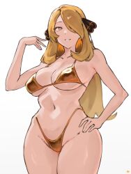 1girl bikini blonde_hair breasts commentary_request cowboy_shot cynthia_(pokemon) fukuya_art gold_bikini grey_eyes grin hair_ornament hair_over_one_eye hand_on_own_hip highleg highleg_bikini highres large_breasts long_hair looking_at_viewer navel nintendo pokemon pokemon_dppt simple_background smile solo stomach swimsuit white_background yellow_eyes