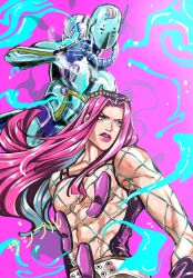 1boy 1other abs androgynous belt blue_gloves blue_skin colored_skin commentary commentary_request diver_down_(stand) fishnet_top fishnets gloves hat highres humanoid_robot jojo_no_kimyou_na_bouken long_hair makeup male_focus muscular narciso_anasui parted_lips pectorals pink_background pink_eyes pink_hair pink_lips purple_hat robot sayuri28050 stand_(jojo) stone_ocean teeth translation_request tube white_belt
