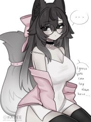 ... 1girl animal_ear_fluff animal_ears artist_name bare_shoulders between_legs black-framed_eyewear black_choker black_eyes black_thighhighs bone_choker breasts bright_pupils choker cleavage closed_mouth commentary dress english_text glasses gradient_hair grey_hair hair_between_eyes hand_between_legs highres jacket jacket_partially_removed large_breasts long_hair looking_at_viewer multicolored_hair okariin original parted_bangs patreon_username pink_jacket round_eyewear simple_background sitting sleeveless sleeveless_dress solo spaghetti_strap speech_bubble spoken_ellipsis strap_slip symbol-only_commentary tail talking thighhighs white_background white_dress white_pupils wolf_ears wolf_girl wolf_tail