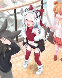 3girls absurdres animal_ear_fluff animal_ears bandaid bandaid_on_cheek bandaid_on_face bandaid_on_nose bare_shoulders black_hair black_jacket black_shorts blush boots brown_footwear brown_hair taigaxholic cardigan closed_eyes commentary_request commission crying earmuffs fang forehead full_body fur-trimmed_boots fur-trimmed_jacket fur_trim grey_pants hair_ornament highres indie_virtual_youtuber indoors jacket long_hair long_sleeves mall micro_shorts midriff multiple_girls navel nose_blush open_mouth pants pee peeing peeing_self pink_cardigan pink_socks pleated_skirt puddle puffy_long_sleeves puffy_sleeves purple_eyes red_skirt red_sweater red_thighhighs shirt shorts skeb_commission skirt sleeveless sleeveless_sweater socks standing sweater tail thick_eyebrows thighhighs urabe_miyabi virtual_youtuber white_footwear white_hair white_shirt x_hair_ornament