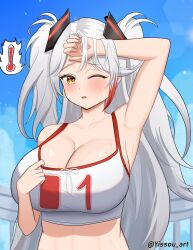 1girl absurdres azur_lane blush breasts highres hot large_breasts long_hair looking_at_viewer multicolored_hair open_mouth prinz_eugen_(azur_lane) prinz_eugen_(brilliant_touchdown)_(azur_lane) self-upload simple_background solo streaked_hair sweat twitter_username yissou_art