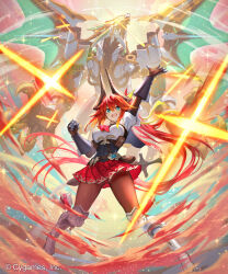 1girl black_pantyhose blue_eyes breasts commentary_request copyright_notice gauntlets highres horns large_breasts long_hair miniskirt nogi_lief non-humanoid_robot official_art pantyhose pleated_skirt red_hair red_skirt robot robot_dragon rola_(shadowverse) shadowverse shadowverse_evolve shirt skirt white_shirt