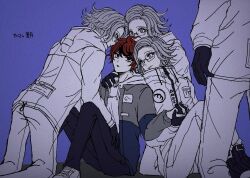 5boys ahoge aotsuki_eito black_gloves black_pants blue_background blue_jacket breast_pocket clone clone_harem drawstring empty_eyes film_grain glasses gloves grey_eyes grey_hair grey_jacket hand_on_another&#039;s_leg hand_on_another&#039;s_shoulder holding_hands hood hoodie jacket leaning_on_person looking_at_another male_focus multicolored_hair multicolored_jacket multiple_boys open_clothes open_jacket out_of_frame pants pocket purple_eyes red_hair shi_gu_(sigu_69) shoes short_hair simple_background sitting smile spoilers streaked_hair sumino_takumi the_hundred_line_-last_defense_academy- two-tone_jacket white_hoodie white_jacket white_pants white_shoes yaoi zipper