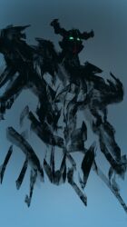 blue_background cowboy_shot full_body glowing glowing_eyes gquuuuuux gradient_background green_eyes gundam gundam_gquuuuuux hyde_(tabakko) mecha mecha_focus mobile_suit no_humans robot science_fiction silhouette sketch solo spot_color v-fin