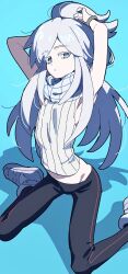 Rule 34 | 1girl, aqua eyes, arms up, black pants, blue background, colored eyelashes, commentary request, deux murasame, freckles, gundam, gundam gquuuuuux, high ponytail, highres, long hair, looking at viewer, midriff, pants, ponytail, ribbed sweater, shadow, shibuki kamone, shoes, sidelocks, simple background, sitting, sleeveless, sleeveless sweater, sneakers, solo, sweater, wariza, white hair