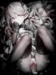 Rule 34 | 1boy, 1girl, arknights, blur censor, breasts, censored, chinese commentary, commentary request, gloves, greyscale, hetero, highres, indigo (arknights), infection monitor (arknights), kupa (jesterwii), long hair, lying, monochrome, on back, paid reward available, penis, pointy ears, pussy, sex, small breasts, spot color, thighhighs, vaginal