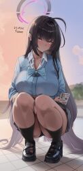 1girl absurdly_long_hair absurdres ahoge black_hair blue_archive blue_nails blue_sweater blush breasts cellphone collared_shirt dark-skinned_female dark_skin earrings full_body halo highres holding holding_phone huge_breasts jewelry karin_(blue_archive) karin_(school_uniform)_(blue_archive) long_hair miniskirt panties pantyshot phone revision school_uniform shirt skirt smartphone solo squatting sweater thighs ticker_(kks2ksy) tile_floor tiles underwear very_long_hair white_shirt yellow_eyes